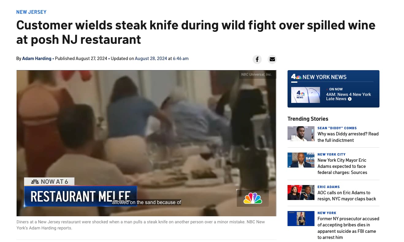 screenshot - New Jersey Customer wields steak knife during wild fight over spilled wine at posh Nj restaurant By Adam Harding Published Updated on at Now At 6 Restaurant Melee allowed on the sand because of Nbc Universal, Inc. 4 New York News News On Now 